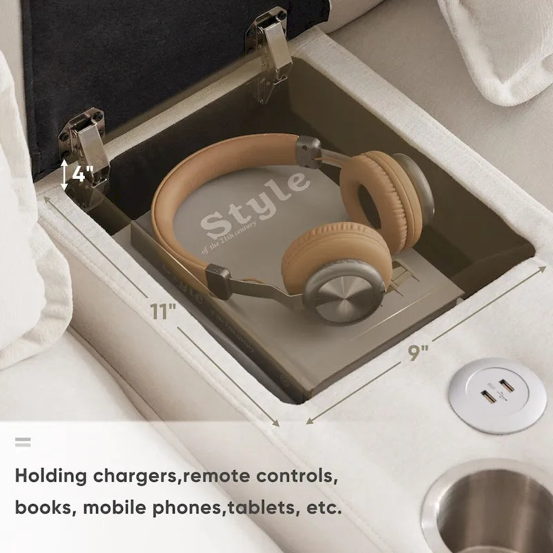 Canapé d'angle 123 x 55 cm avec console, porte-gobelets et ports USB, ensemble canapé-lit symétrique 6 places avec méridienne