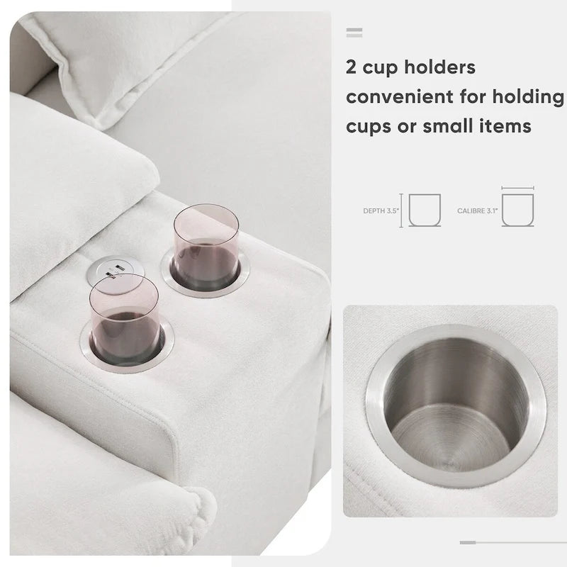 Canapé d'angle 123 x 55 cm avec console, porte-gobelets et ports USB, ensemble canapé-lit symétrique 6 places avec méridienne