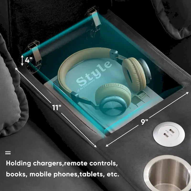 Canapé d'angle 123 x 55 cm avec console, porte-gobelets et ports USB, ensemble canapé-lit symétrique 6 places avec méridienne