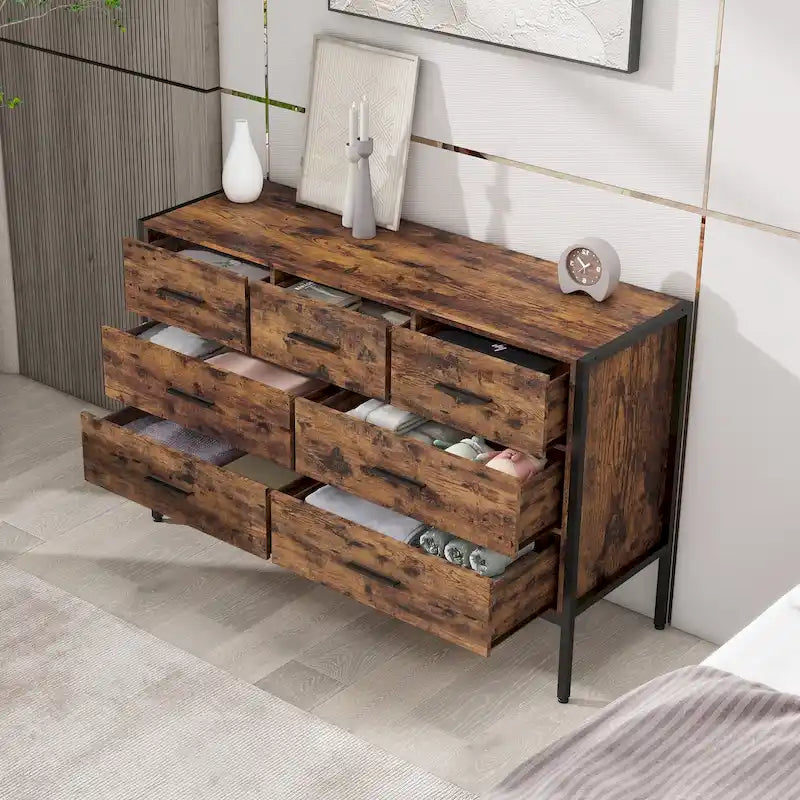 Commode en bois à 7 tiroirs, armoire de rangement en bois pour chambre, meuble penderie robuste avec structure en acier solide