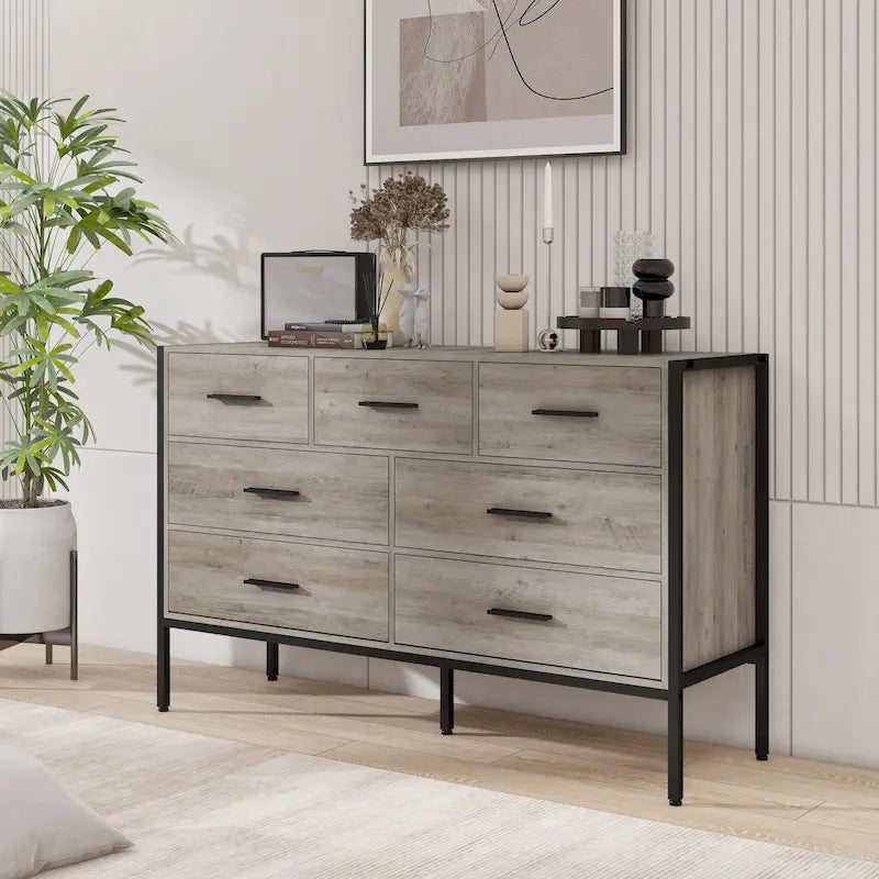 Commode en bois à 7 tiroirs, armoire de rangement en bois pour chambre, meuble penderie robuste avec structure en acier solide
