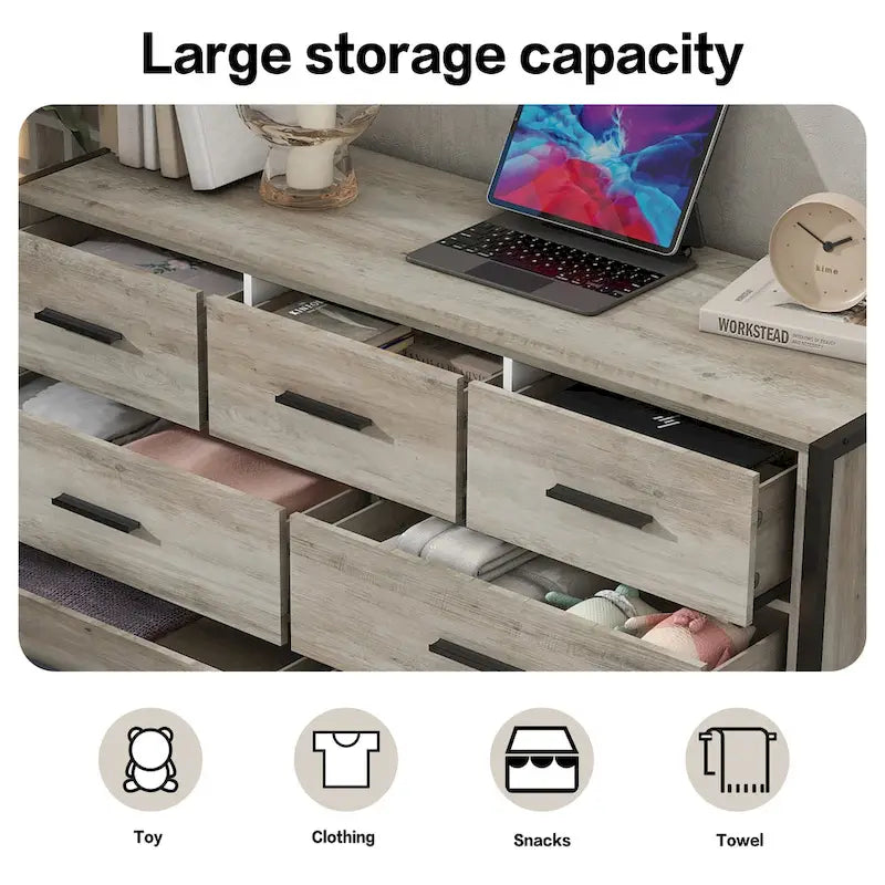 Commode en bois à 7 tiroirs, armoire de rangement en bois pour chambre, meuble penderie robuste avec structure en acier solide