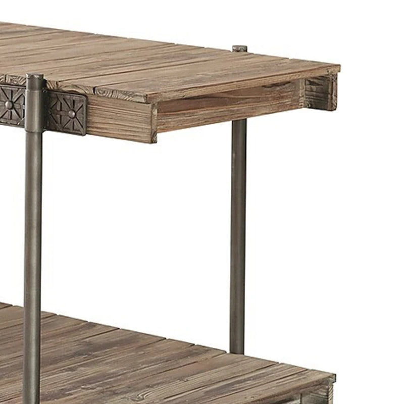 Table d'appoint Loak 119 cm, design à lattes, 1 étagère, roulettes, marron et noir