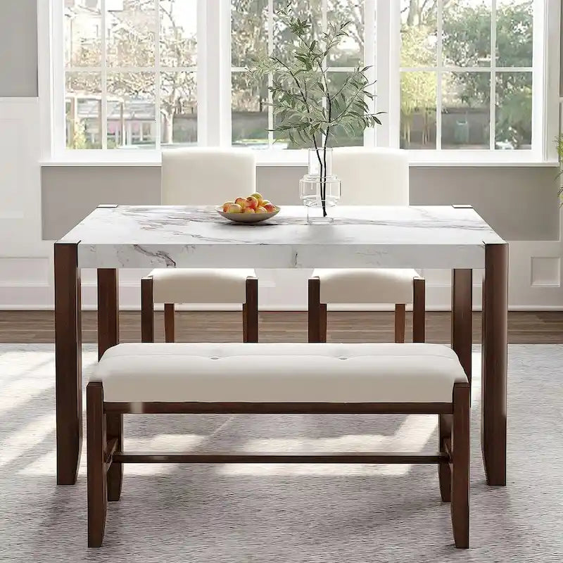 Ensemble de salle à manger 4 pièces comprenant une table style faux marbre, 2 chaises rembourrées et un banc à pieds en bois.