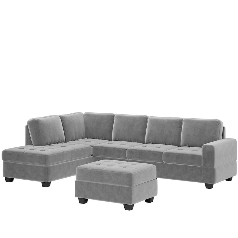 Canapé d'angle moderne en forme de L de 284 cm (112 pouces) avec méridienne réversible, pouf de rangement et deux porte-gobelets - 284 cm (112 pouces) L x 203 cm (80 pouces) P x 86 cm (33,7 pouces) H