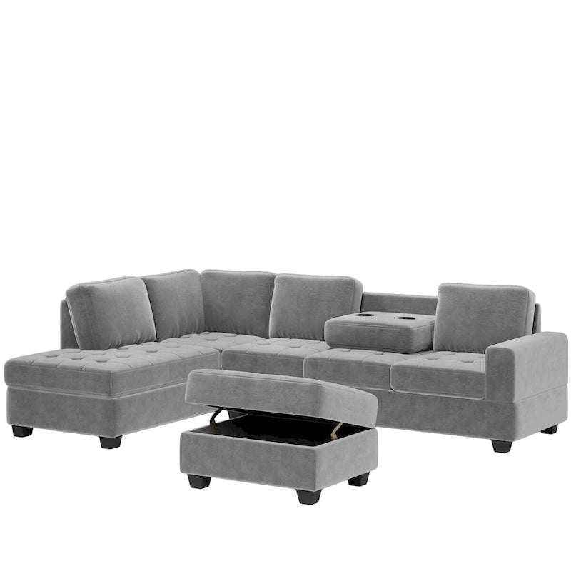 Canapé d'angle moderne en forme de L de 284 cm (112 pouces) avec méridienne réversible, pouf de rangement et deux porte-gobelets - 284 cm (112 pouces) L x 203 cm (80 pouces) P x 86 cm (33,7 pouces) H