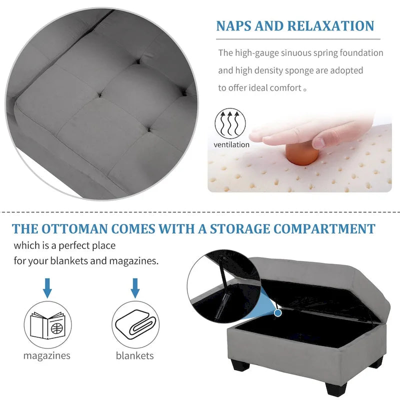 Canapé d'angle moderne en forme de L de 284 cm (112 pouces) avec méridienne réversible, pouf de rangement et deux porte-gobelets - 284 cm (112 pouces) L x 203 cm (80 pouces) P x 86 cm (33,7 pouces) H