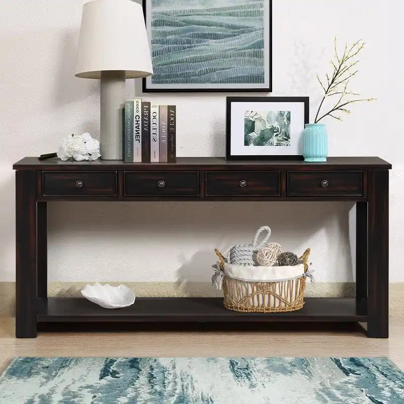 Console en pin avec 4 tiroirs et une étagère inférieure pour entrée ou couloir