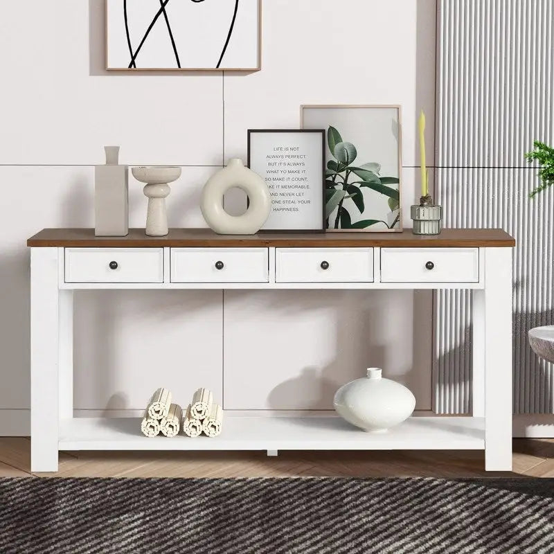Pine Wood Console Table with 4 Drawers and Bottom Shelf for Entryway Hallway