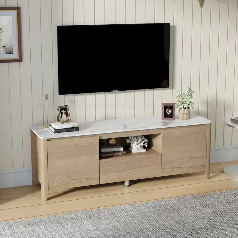 Meuble TV moderne de 58 pouces avec éclairage LED, centre multimédia et rangement pour téléviseurs jusqu'à 80 pouces, idéal pour le salon ou la chambre.