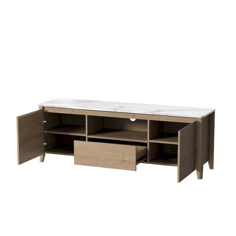 Meuble TV moderne de 58 pouces avec éclairage LED, centre multimédia et rangement pour téléviseurs jusqu'à 80 pouces, idéal pour le salon ou la chambre.