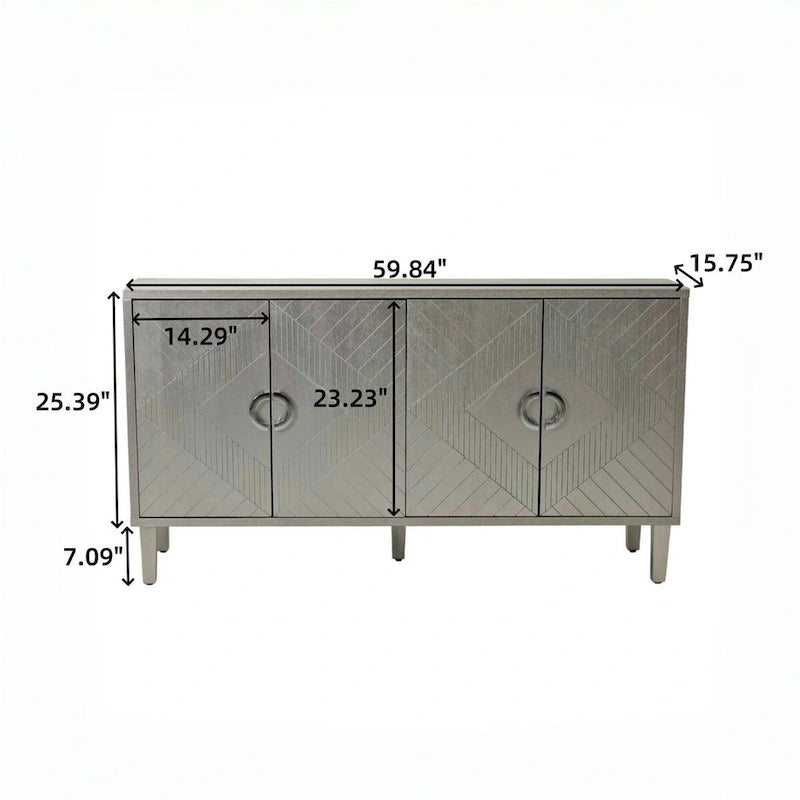 Armoire de rangement à 4 portes avec pieds en pin et structure en MDF