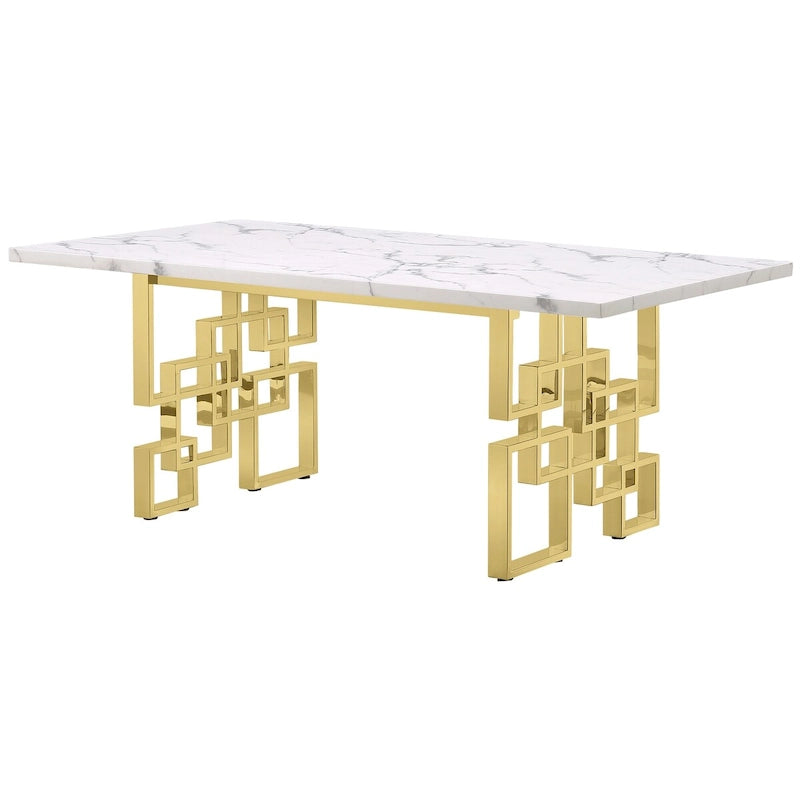 Table de salle à manger de luxe en faux marbre blanc, plateau de 198 cm et piètement en métal