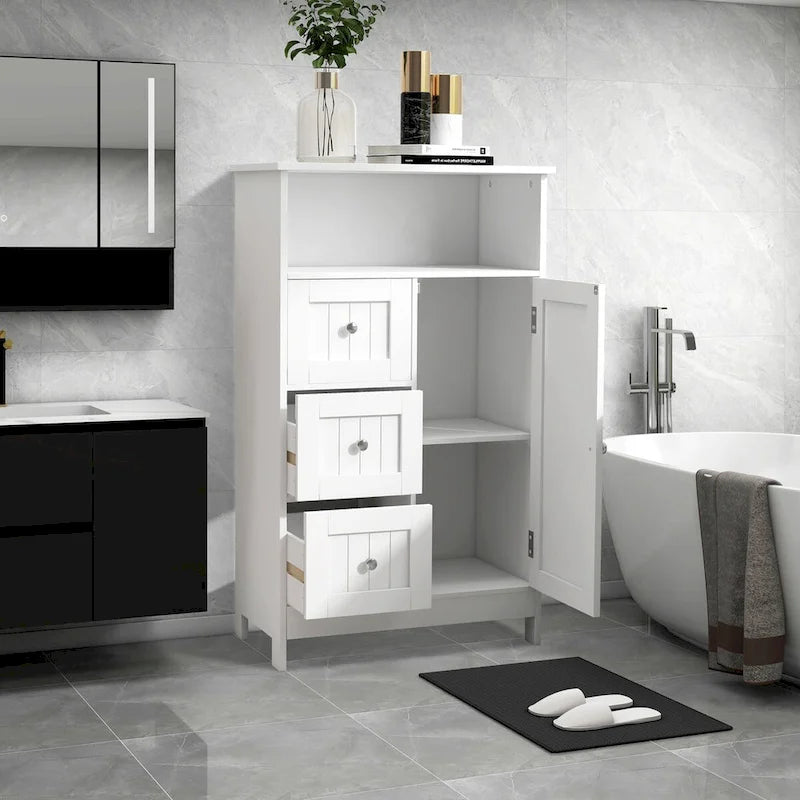 Armoire de rangement autoportante blanche pour salle de bain, en bois, avec linge de maison.