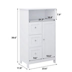 Armoire de rangement autoportante blanche pour salle de bain, en bois, avec linge de maison.