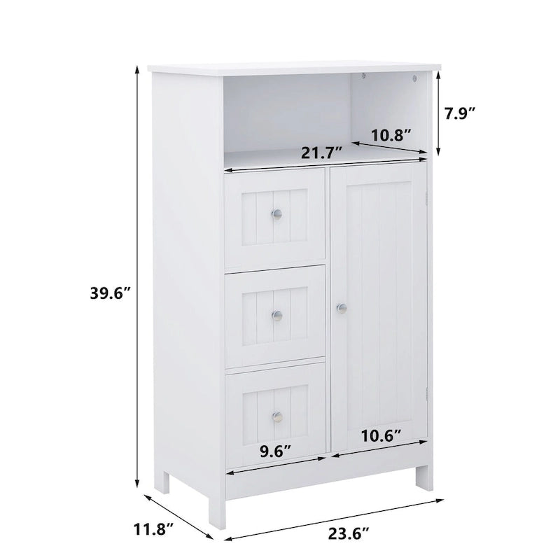 Armoire de rangement autoportante blanche pour salle de bain, en bois, avec linge de maison.