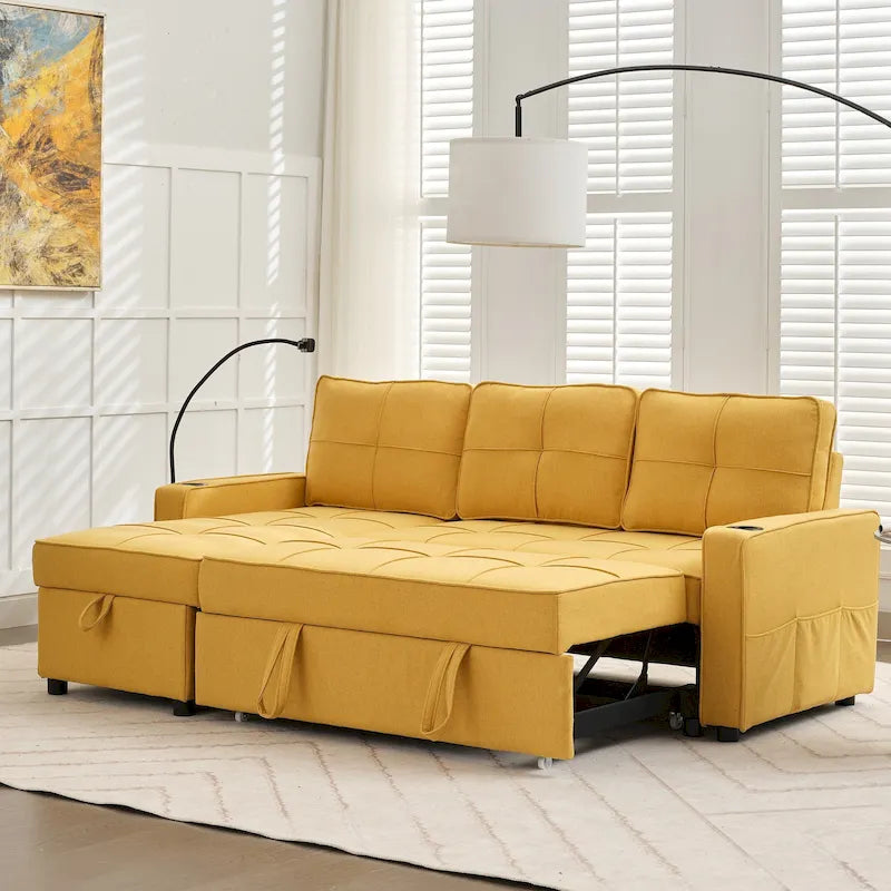 Canapé-lit en lin avec fonction lit gigogne, espace de rangement supplémentaire, support pour téléphone et chargeur USB