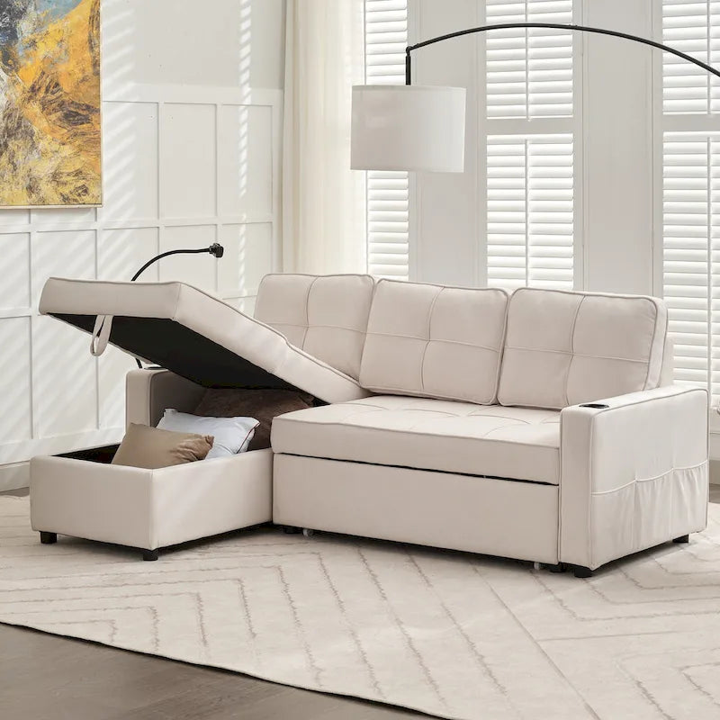 Canapé-lit en lin avec fonction lit gigogne, espace de rangement supplémentaire, support pour téléphone et chargeur USB