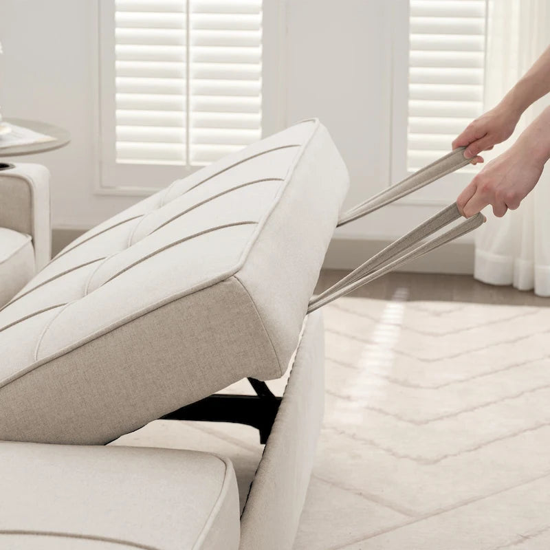 Canapé-lit en lin avec fonction lit gigogne, espace de rangement supplémentaire, support pour téléphone et chargeur USB