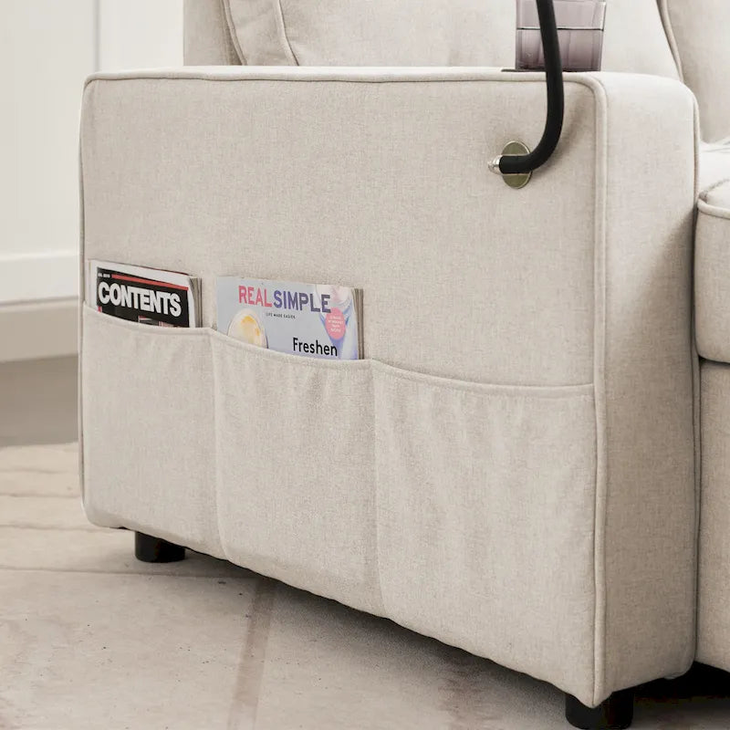 Canapé-lit en lin avec fonction lit gigogne, espace de rangement supplémentaire, support pour téléphone et chargeur USB