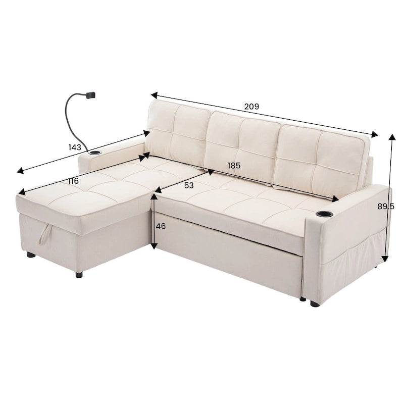 Canapé-lit en lin avec fonction lit gigogne, espace de rangement supplémentaire, support pour téléphone et chargeur USB