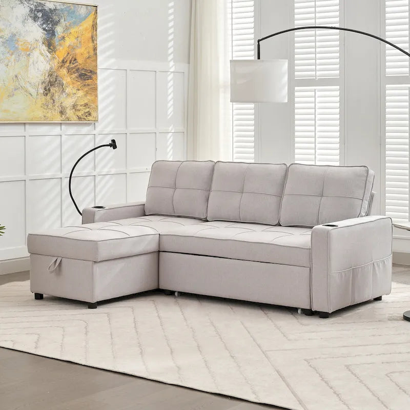 Canapé-lit en lin avec fonction lit gigogne, espace de rangement supplémentaire, support pour téléphone et chargeur USB