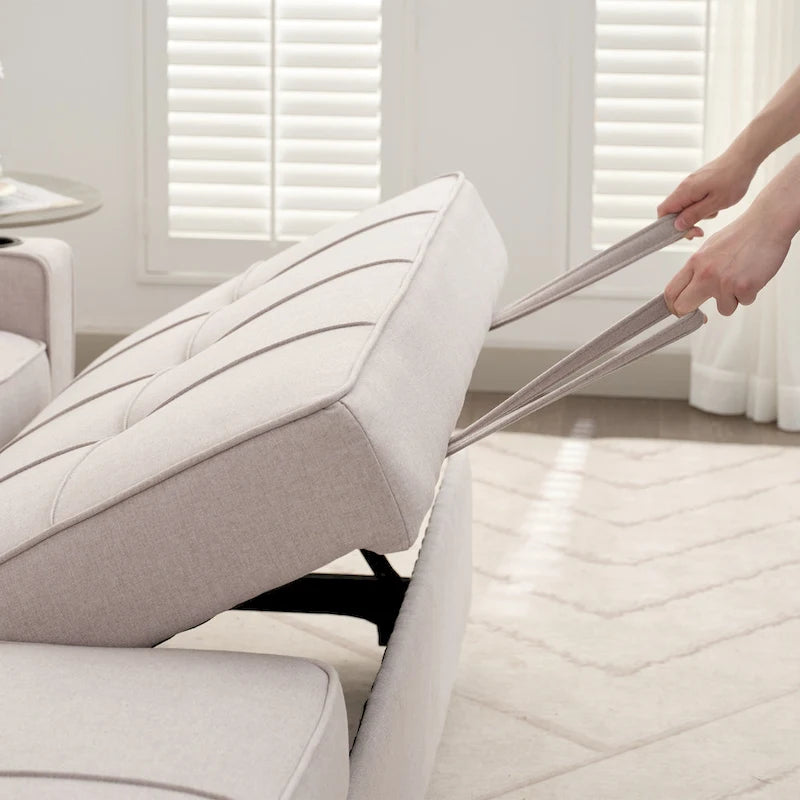 Canapé-lit en lin avec fonction lit gigogne, espace de rangement supplémentaire, support pour téléphone et chargeur USB