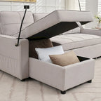 Canapé-lit en lin avec fonction lit gigogne, espace de rangement supplémentaire, support pour téléphone et chargeur USB