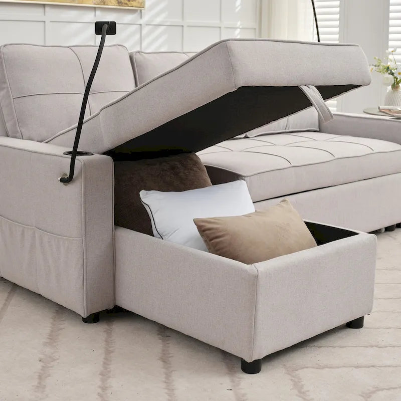 Canapé-lit en lin avec fonction lit gigogne, espace de rangement supplémentaire, support pour téléphone et chargeur USB