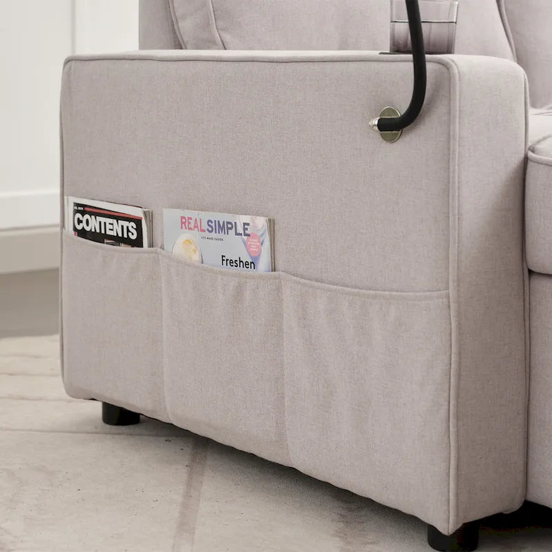 Canapé-lit en lin avec fonction lit gigogne, espace de rangement supplémentaire, support pour téléphone et chargeur USB