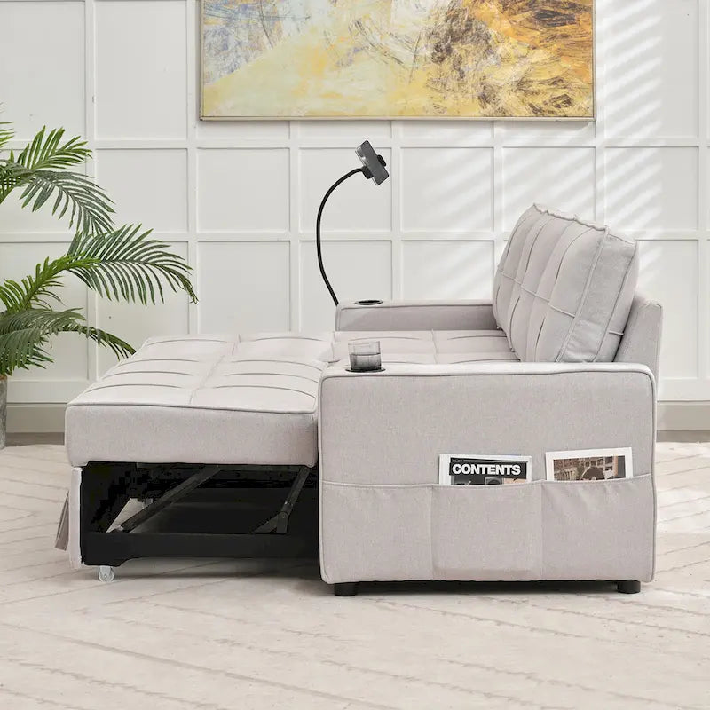 Canapé-lit en lin avec fonction lit gigogne, espace de rangement supplémentaire, support pour téléphone et chargeur USB