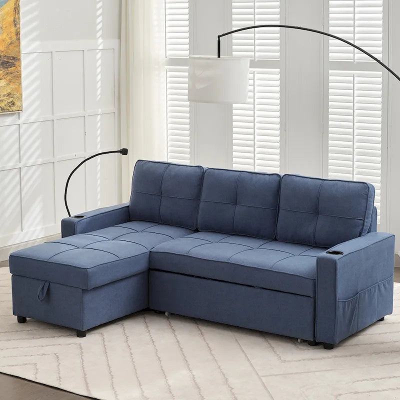 Canapé-lit en lin avec fonction lit gigogne, espace de rangement supplémentaire, support pour téléphone et chargeur USB