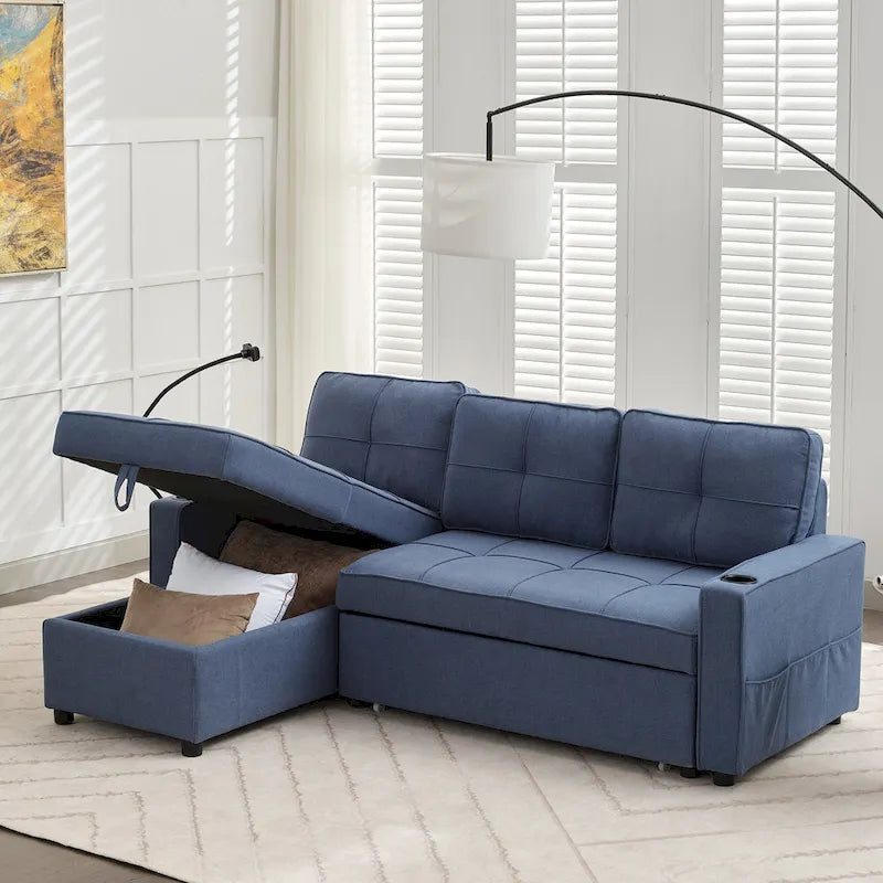 Canapé-lit en lin avec fonction lit gigogne, espace de rangement supplémentaire, support pour téléphone et chargeur USB