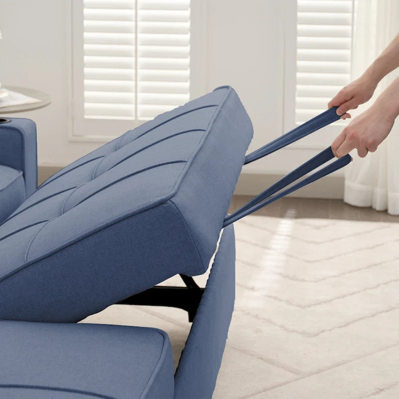 Canapé-lit en lin avec fonction lit gigogne, espace de rangement supplémentaire, support pour téléphone et chargeur USB