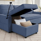 Canapé-lit en lin avec fonction lit gigogne, espace de rangement supplémentaire, support pour téléphone et chargeur USB