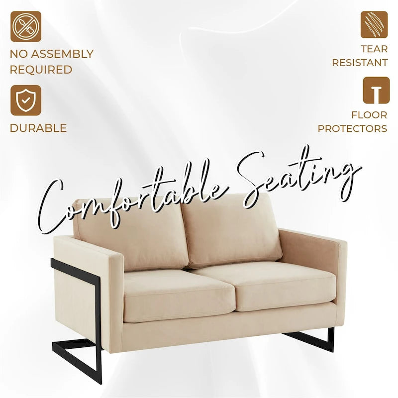 Canapé deux places capitonné en velours avec coussins amovibles et structure en acier inoxydable