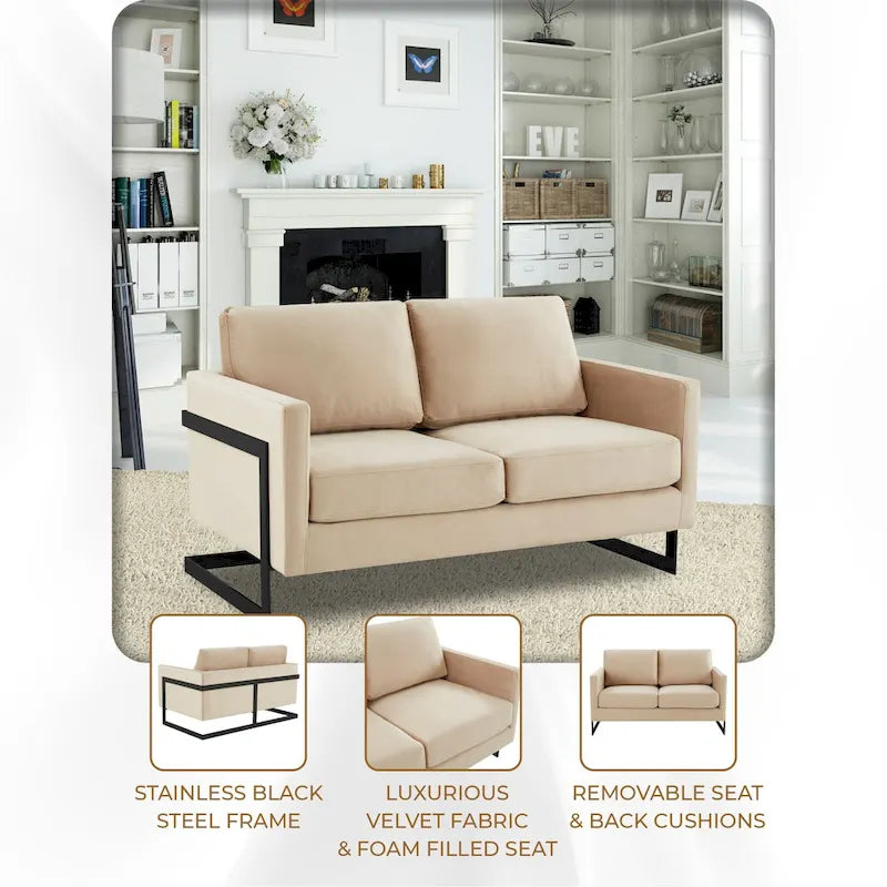 Canapé deux places capitonné en velours avec coussins amovibles et structure en acier inoxydable