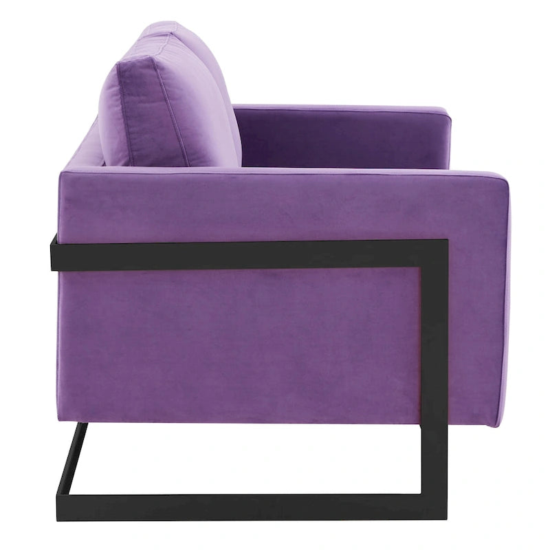 Canapé deux places capitonné en velours avec coussins amovibles et structure en acier inoxydable