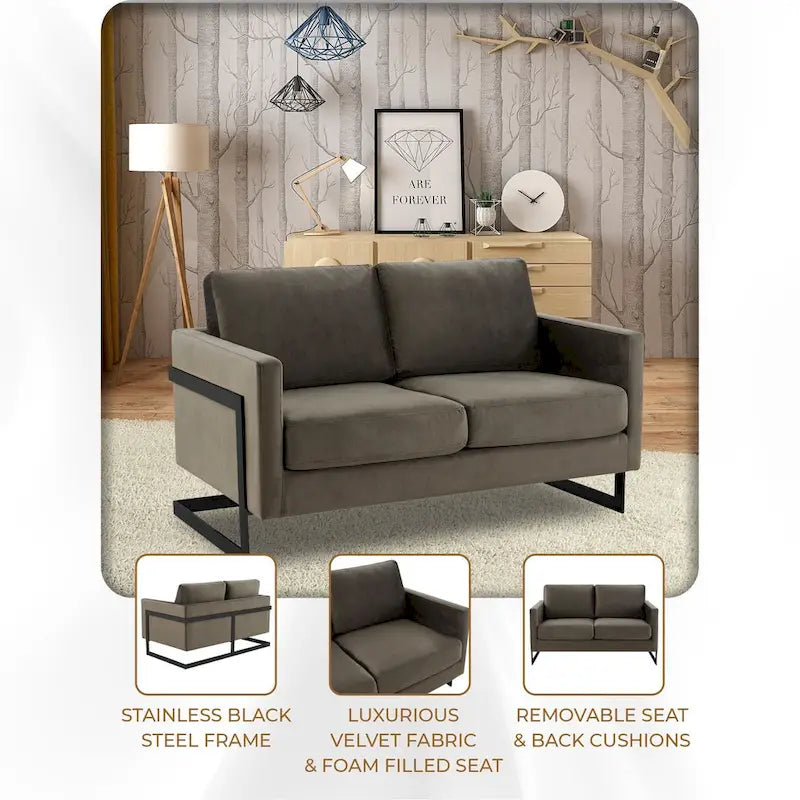 Canapé deux places capitonné en velours avec coussins amovibles et structure en acier inoxydable