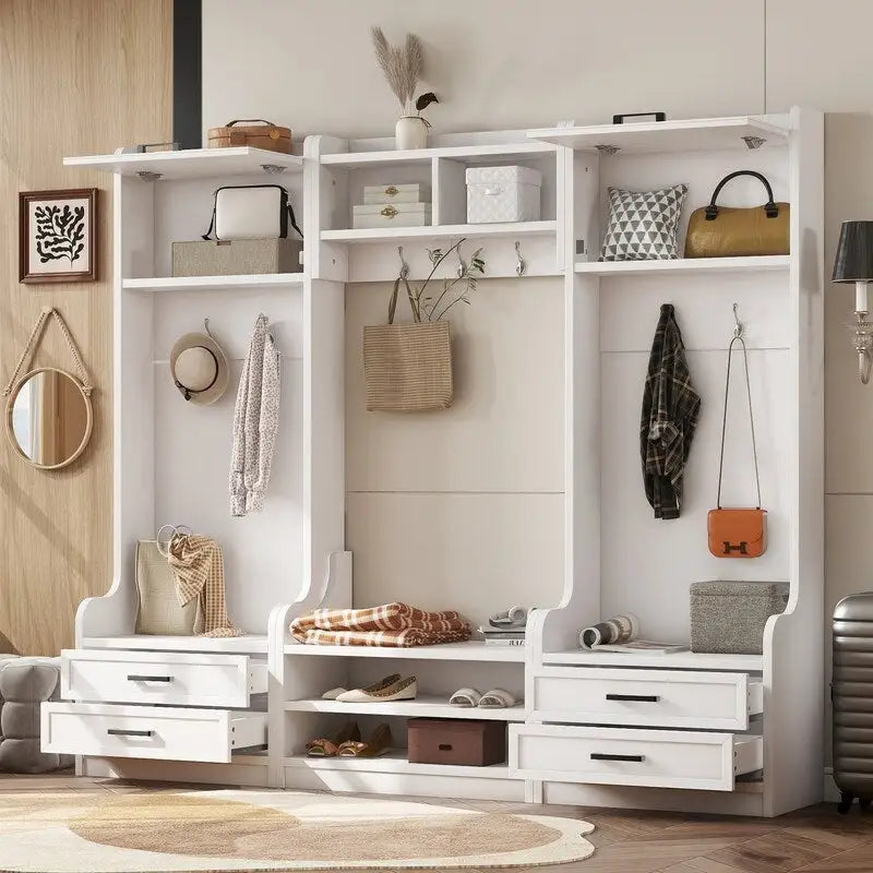 Porte-manteau 4 en 1 détachable avec placards et crochets, porte-manteau multifonctionnel avec tiroirs et banc à chaussures