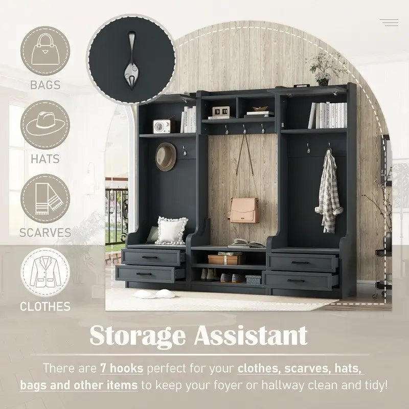 Porte-manteau 4 en 1 détachable avec placards et crochets, porte-manteau multifonctionnel avec tiroirs et banc à chaussures